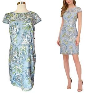 ADRIANNA PAPELL Sheath Cocktail Dress Blue Embellished Sequins Short Sleeves 8